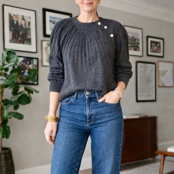 LOFT Sweaters - LOFT Ribbed Crewneck Sweater Shoulder Button Detail Gray‎ Medium